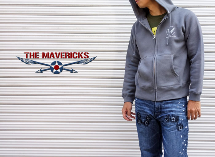 THE MAVERICKS ブランド ミリタリー メンズ ジップアップ スウェット パーカー 裏起毛 セメントグレー アーミー 爆弾エアフォース