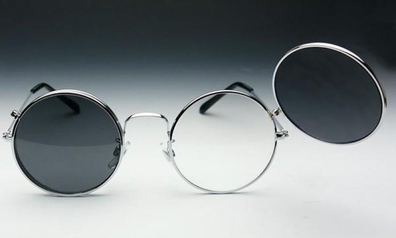 画像1: 跳ね上げ式 メタル 丸目 ラウンド サングラス フリップアップ / シルバー スモーク