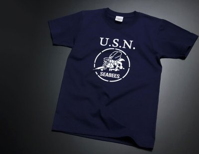 画像1: 極厚 スーパーヘビーウェイト Tシャツ 半袖 ミリタリー NAVY 米海軍 SeaBees / 紺 ネイビー