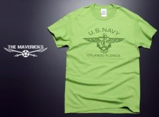 画像1: ミリタリー 半袖 Tシャツ US NAVY 米海軍 錨マーク MAVERICKS / ライムグリーン (1)