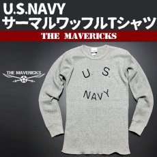 画像1: ミリタリー サーマル ワッフル 長袖 Tシャツ 米海軍NAVY ロゴ グレー (1)
