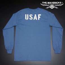 画像7: アウトレット品 ミリタリー 長袖 ロング Tシャツ USAF エアフォース THE MAVERICKS 青 ブルー M (7)