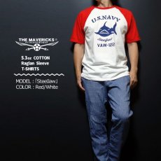 画像2: ラグラン Tシャツ メンズ 半袖 アメカジ MAVERICKS ブランド ミリタリー NAVY 米海軍 SteelJaw ジョーズ ホワイト レッド (2)