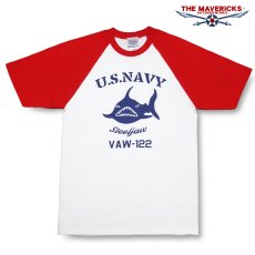 画像1: ラグラン Tシャツ メンズ 半袖 アメカジ MAVERICKS ブランド ミリタリー NAVY 米海軍 SteelJaw ジョーズ ホワイト レッド (1)