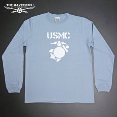 画像4: ミリタリー 長袖 Tシャツ メンズ MAVEVICKS ブランド 綿 USMC 米海兵隊 マリンモデル ブルーグレー 水色 (4)