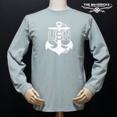 画像1: ミリタリー 長袖 Tシャツ メンズ THE MAVEVICKS ブランド 綿100% NAVY 米海軍 USN 錨マーク スモークグリーン (1)