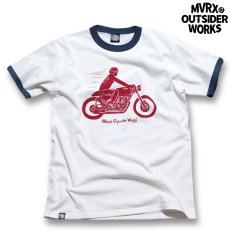 画像1: MVRX 半袖 リンガーＴシャツ CAFE RACER モデル / 白 デニム バイク プリント (1)