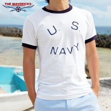 画像2: Tシャツ US NAVY 米海軍  ロゴ ミリタリー トリム リンガ ー Ｔシャツ 白 紺 ネイビー (2)
