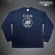 画像3: 極厚 スーパーヘビーウェイト ミリタリー メンズ 長袖 Tシャツ 米海軍 SEABEES ネイビー 紺 米綿 (3)