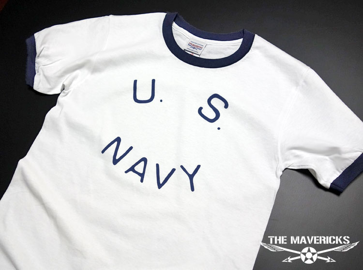 U.S.NAVY 米海軍ロゴ THE MAVERICKS リンガーＴシャツ 白 紺