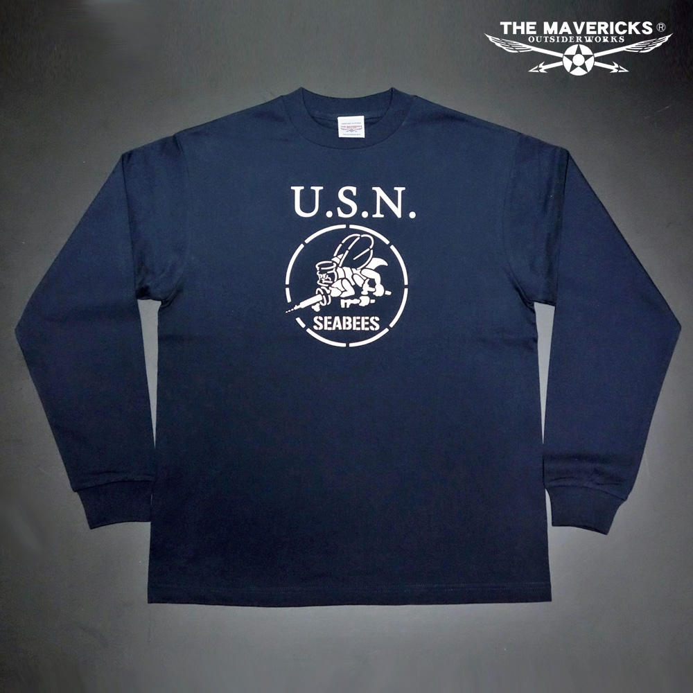 画像3: 極厚 スーパーヘビーウェイト ミリタリー メンズ 長袖 Tシャツ 米海軍 SEABEES ネイビー 紺 米綿 (3)